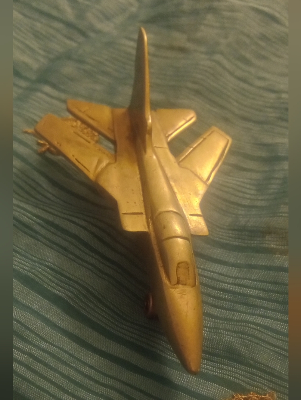 Vtg Solid Brass Fighter Jet Figurine Likely an F-111/Swing-wing Aircraft w/Axles